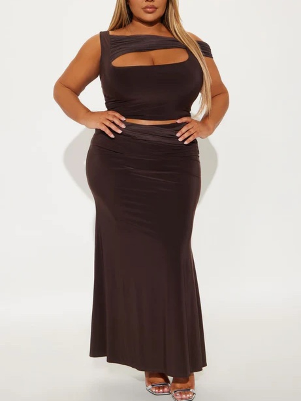 Brown Cutout Maxi Skirt Set-NEW